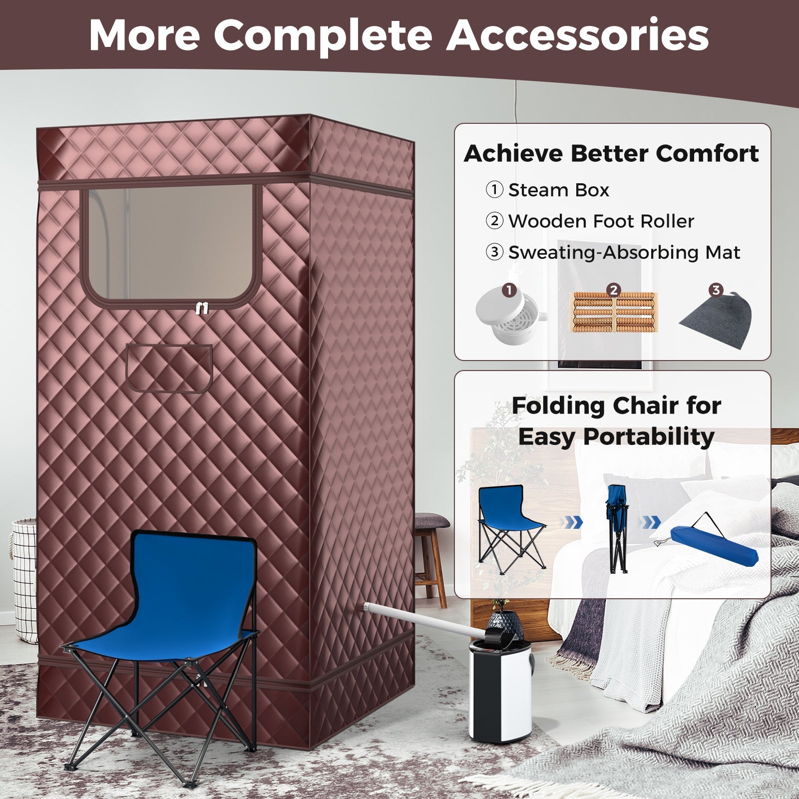 Portable Steam Sauna with 3L Steam Generator Remote Control Wood Foot Massager and Foldable Chair for Home-Coffee
