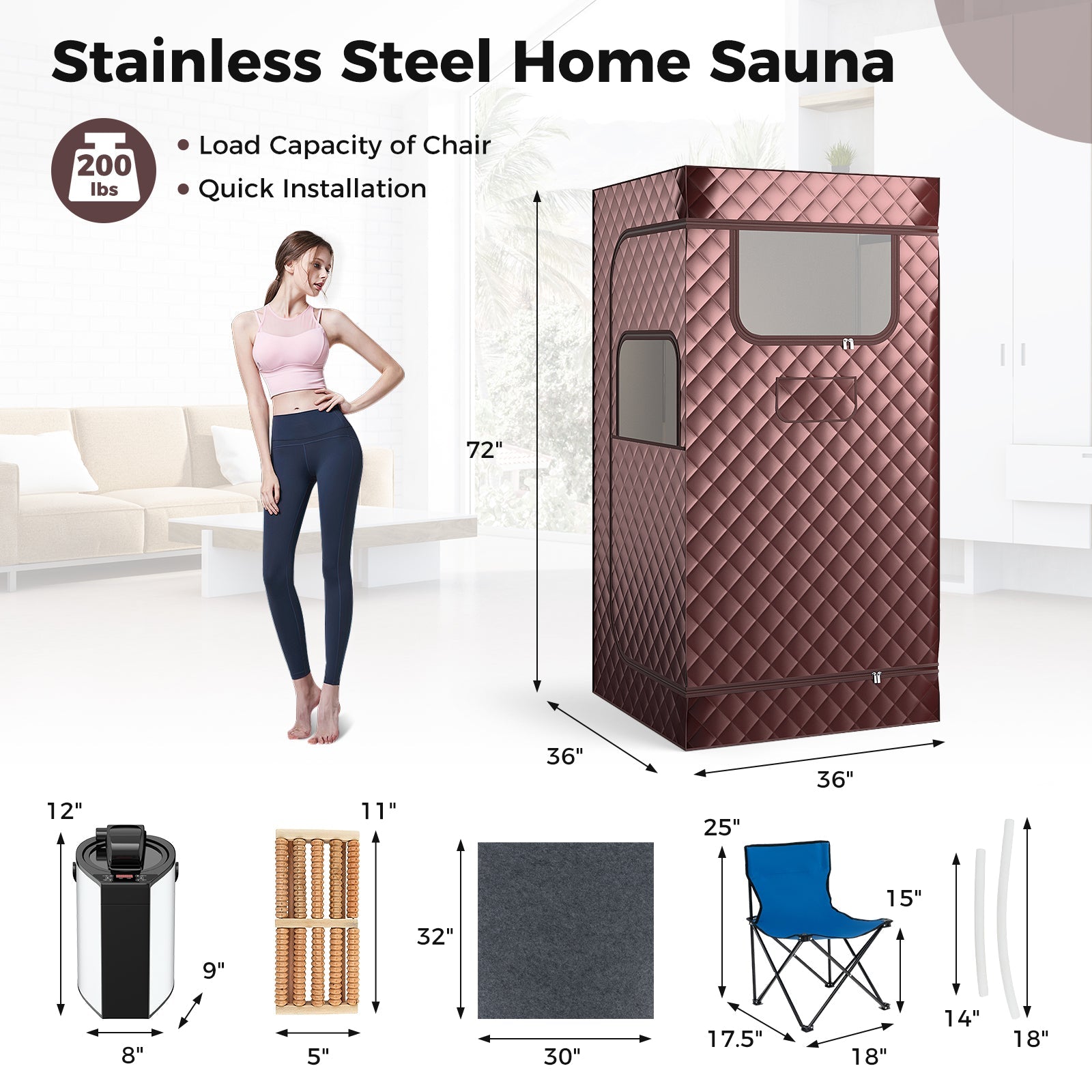 Portable Steam Sauna with 3L Steam Generator Remote Control Wood Foot Massager and Foldable Chair for Home-Coffee