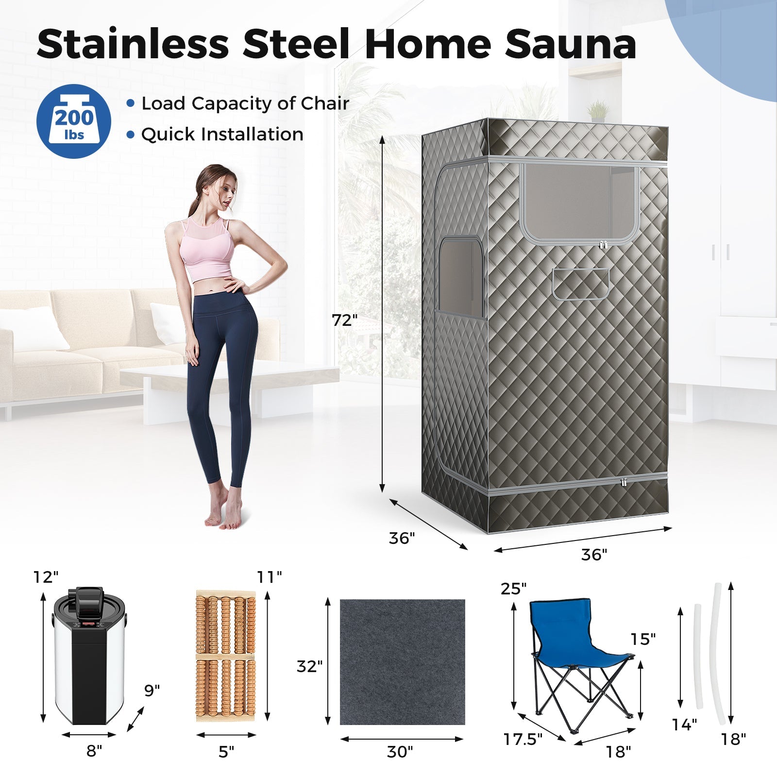Portable Steam Sauna with 3L Steam Generator Remote Control Wood Foot Massager and Foldable Chair for Home-Gray