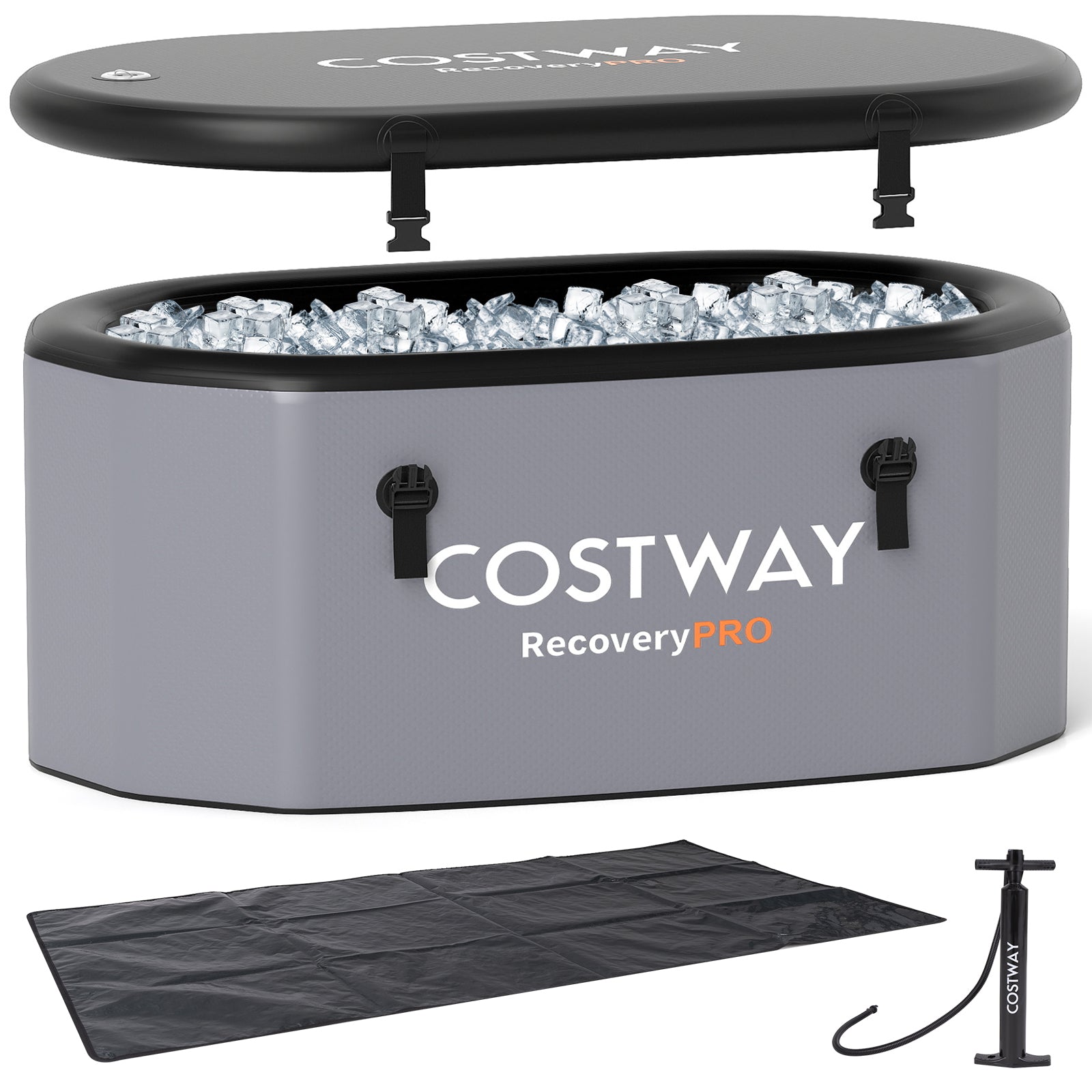 XL 129 Gal Oval Ice Bath Tub with Cover and Hand Pump for Athletes-Gray