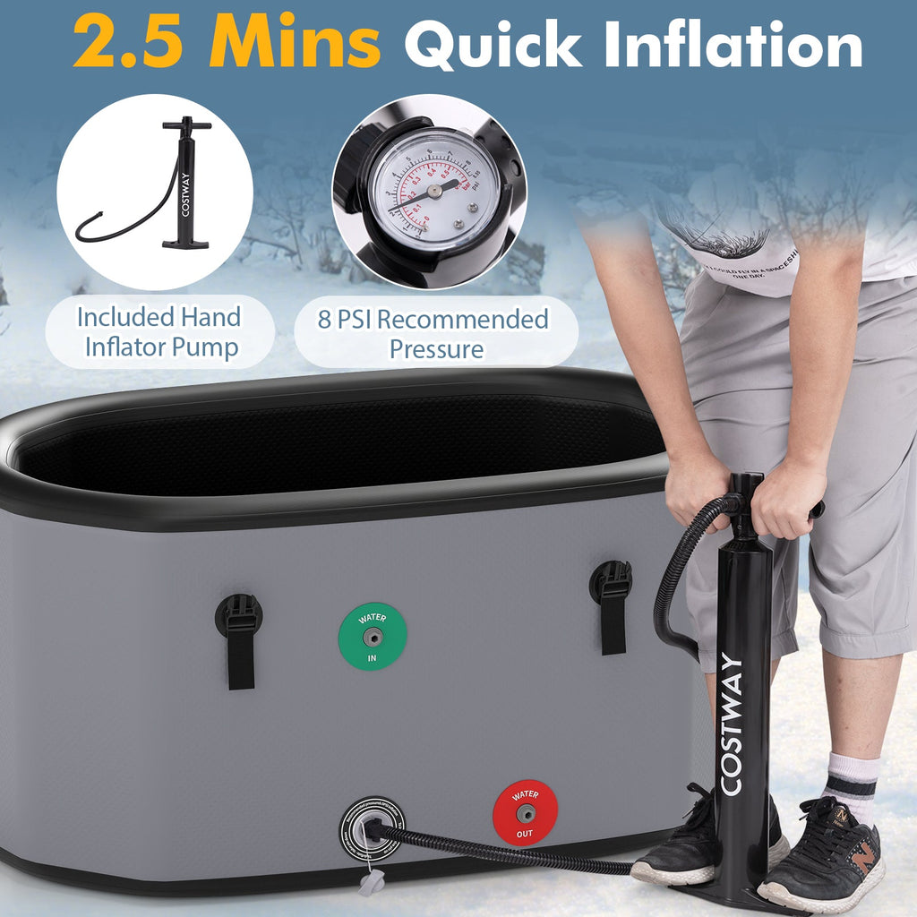 XL 129 Gal Oval Ice Bath Tub with Cover and Hand Pump for Athletes-Gray