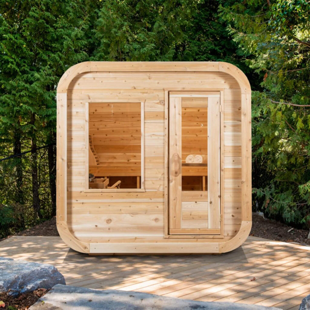 4-Person Canadian Timber Luna Cube Sauna With Sloped Roof And Front Window
