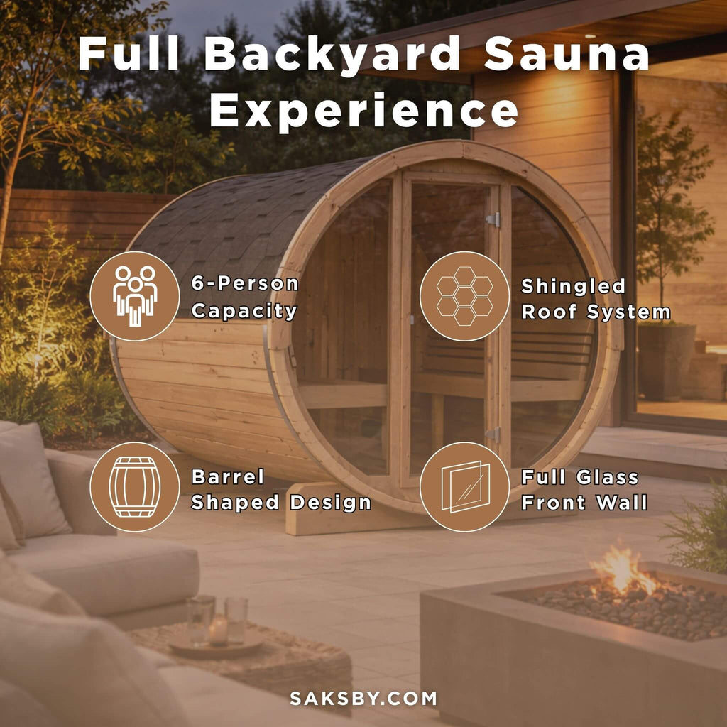 6-Person Outdoor Sauna Barrel With Tempered Glass Front